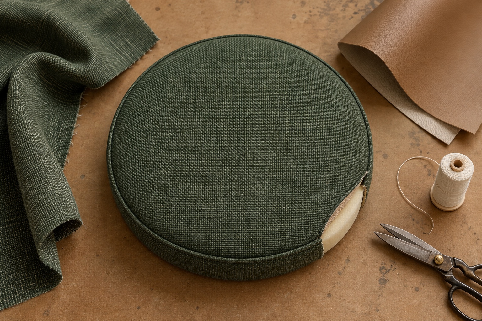 Illustrative study of a green woven seat cushion with exposed foam and upholstery materials